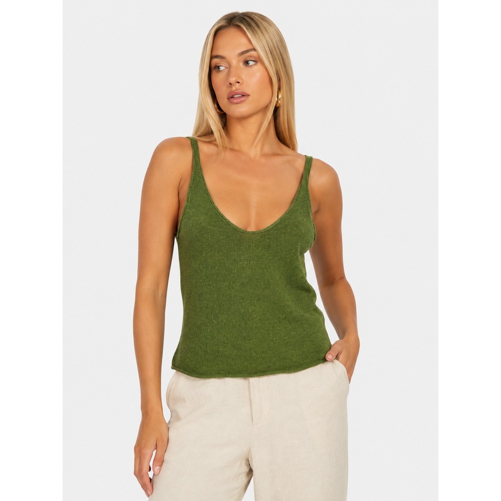 Zara Green Linen Blend Knit V-Neck Tank Top Camisole S NWOT New